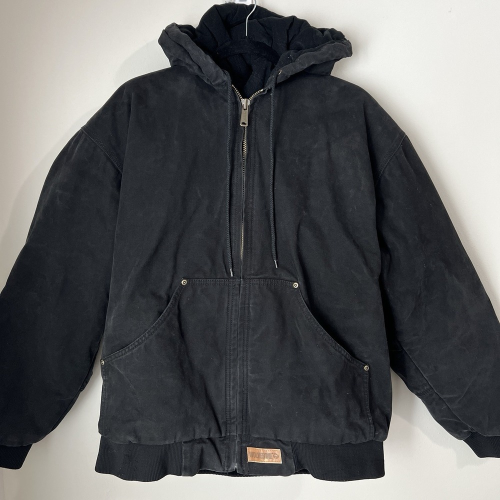 Wolverine Men's Large Duck Canvas Insulated Zip Hooded Chore Work Jacket Black
